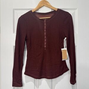 Ribbon Luxe Long-Sleeve Waffle Knit Henley Top